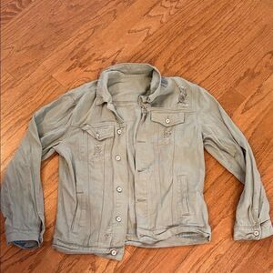 SHEIN denim, olive green jacket, distressed, metal buttons, size large